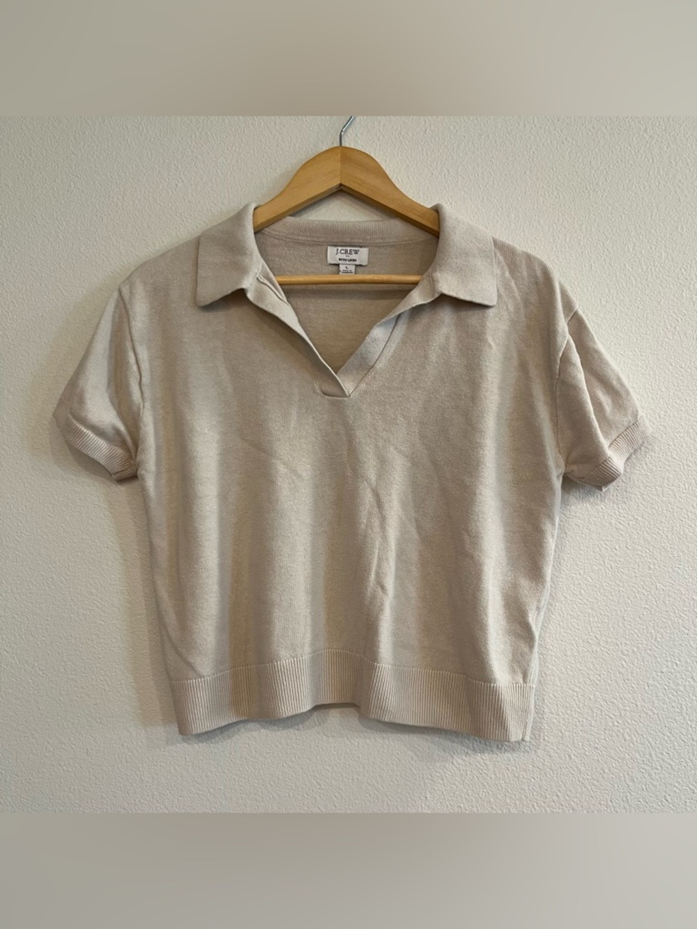J Crew with Linen Short Sleeve Cream Beige Polo Size Large